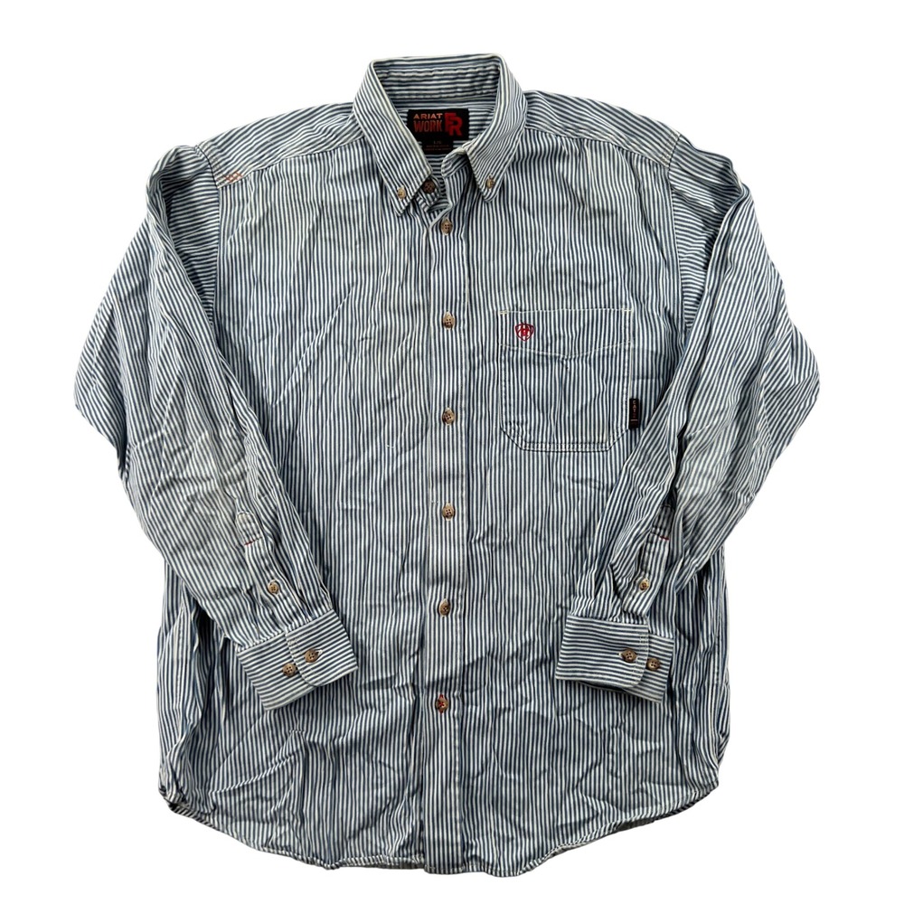 Ariat FR Blue White Hickory Stripe Flame Resistant Button Down Shirt Mens Large